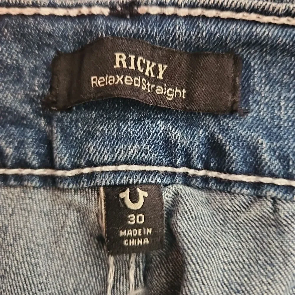 True Religion Ricky Relaxed Straight SN Flap Jeans Men's 30x34 Medium Wash Denim